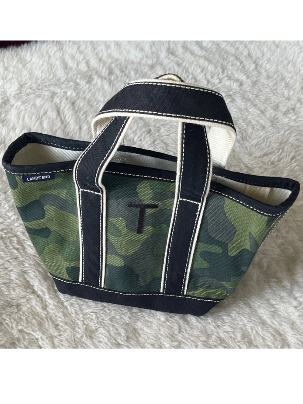 Lands' End Green and Black Camouflage small Tote “T” embroidered
